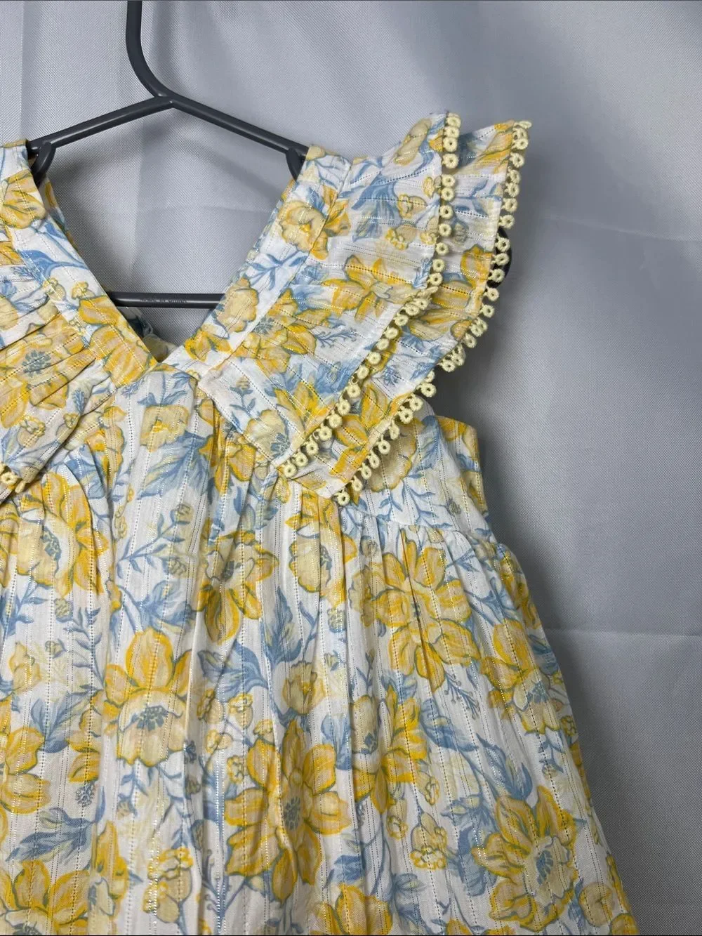 Sincerely Jules white yellow blue floral print ruffle dress with gold accents